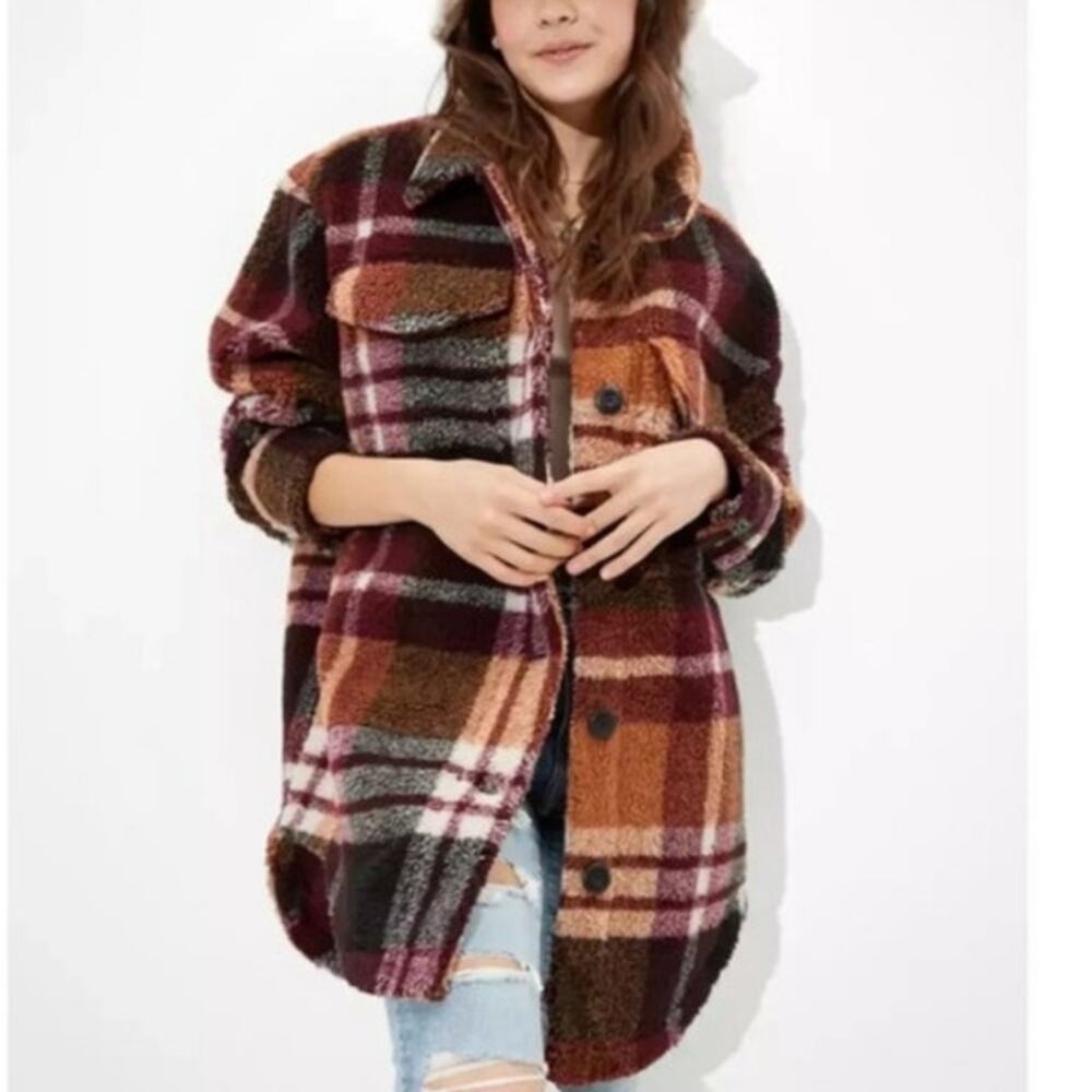 American Eagle Teddy Sherpa Fleece Shacket Fall Plaid Burgundy Tan Jacket Large